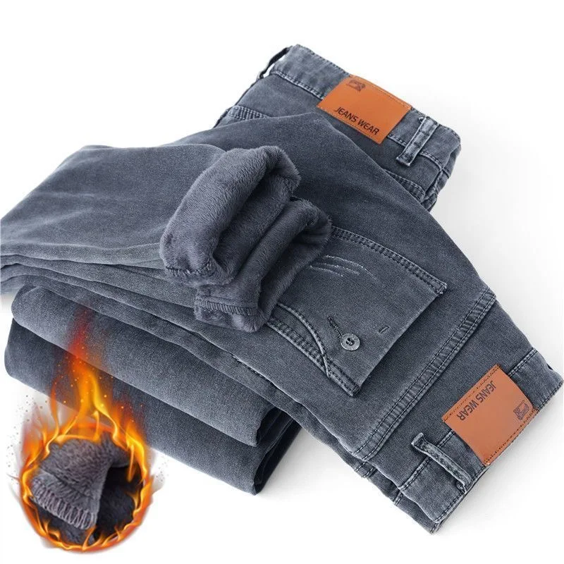 Winter Fashion Plus Fleece Thick Warm Jeans Men's Casual Relaxed Comfortable Stretch Plus-Size Pants 28-36 denim pants,denim trousers