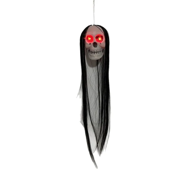 Halloween Hanging Ghost Decor with Glowing Eyes - Long Hair Skeleton Scary Prop for Haunted House & Bar Party Decoration