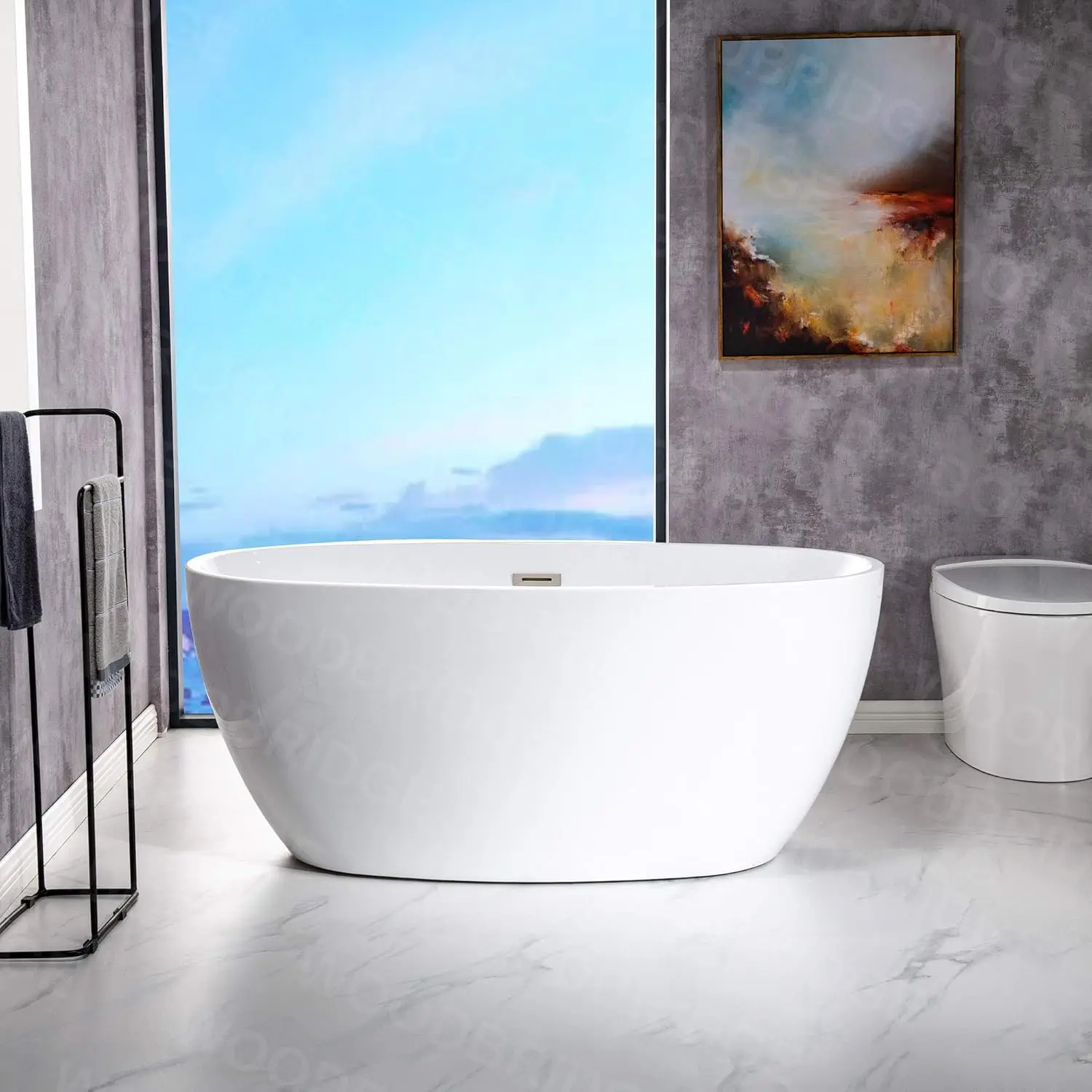 55 inch Acrylic Freestanding Bathtub Contemporary Soaking White Tub with Brushed Nickle Overflow and Drain DURABLE 2