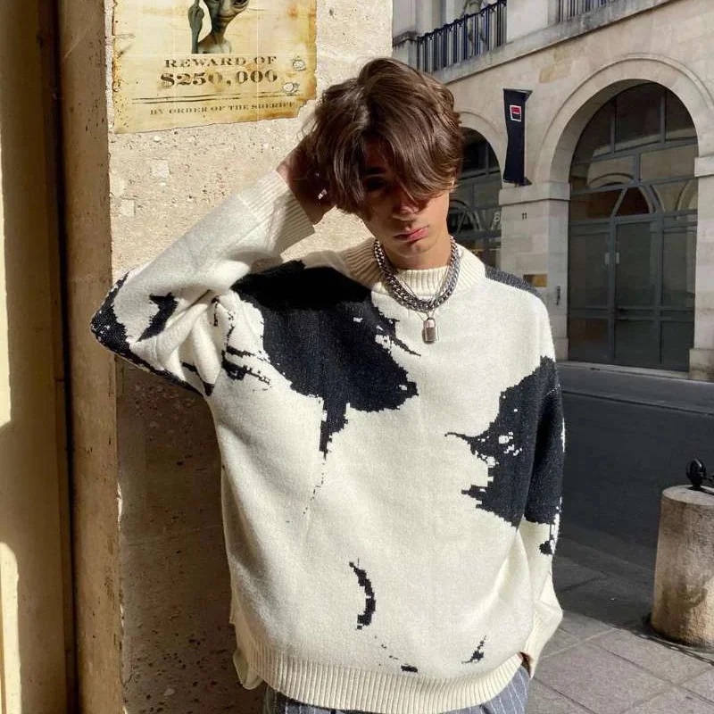 

Y2k Sweater Men's Hip Hop Face Oversized Pullover Sweater 2023 New Harajuku Punk Rock Jumper Knitted Tops Man Clothes Streetwear