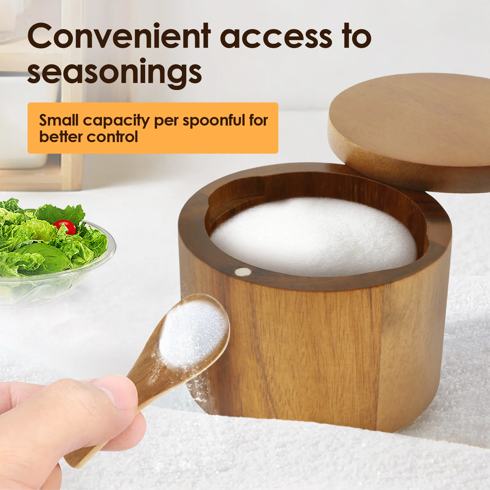 1 or 2 Compartments Acacia Wood Salt Bowl with Built in Spoon and Magnetic Swivel Lid Round Salt Cellar Kitchen Holder