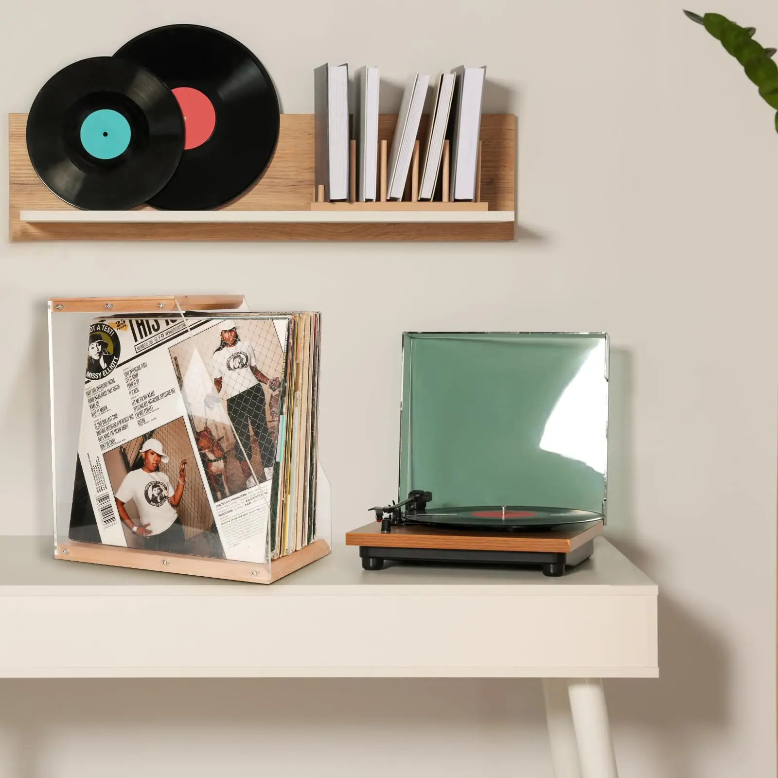 Vinyl Record Storage, Vinyl Record Album Holder, Box Case Crate, Desktop Acrylic & Wooden LP Record Crate, Holds to 40+ Records 5