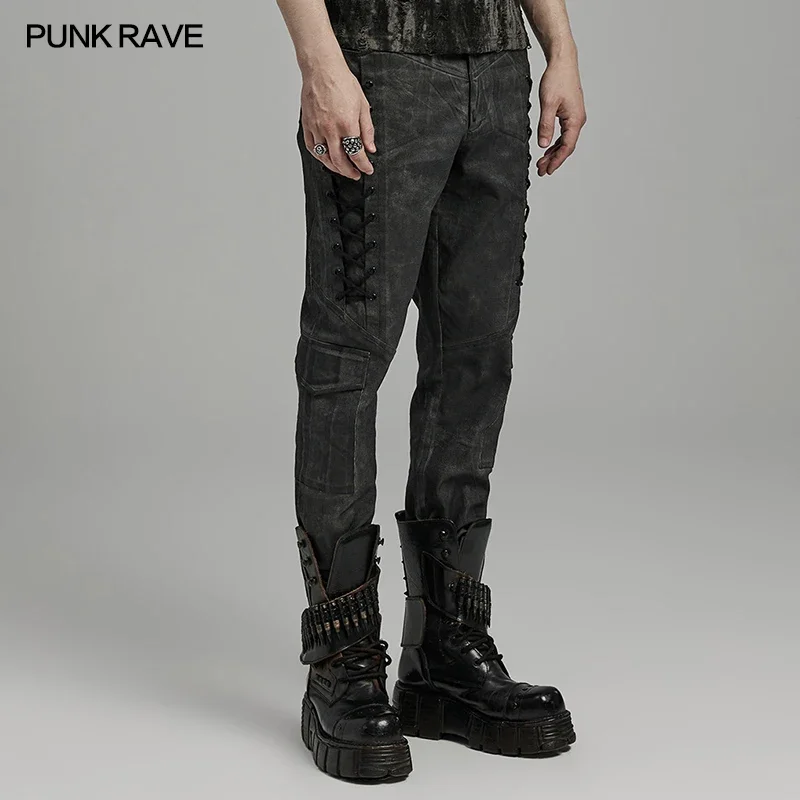 PUNK RAVE Men's Punk Distressed Irregular Texture Pants Decorative Drawstring Design Trousers Autumn Streetwear