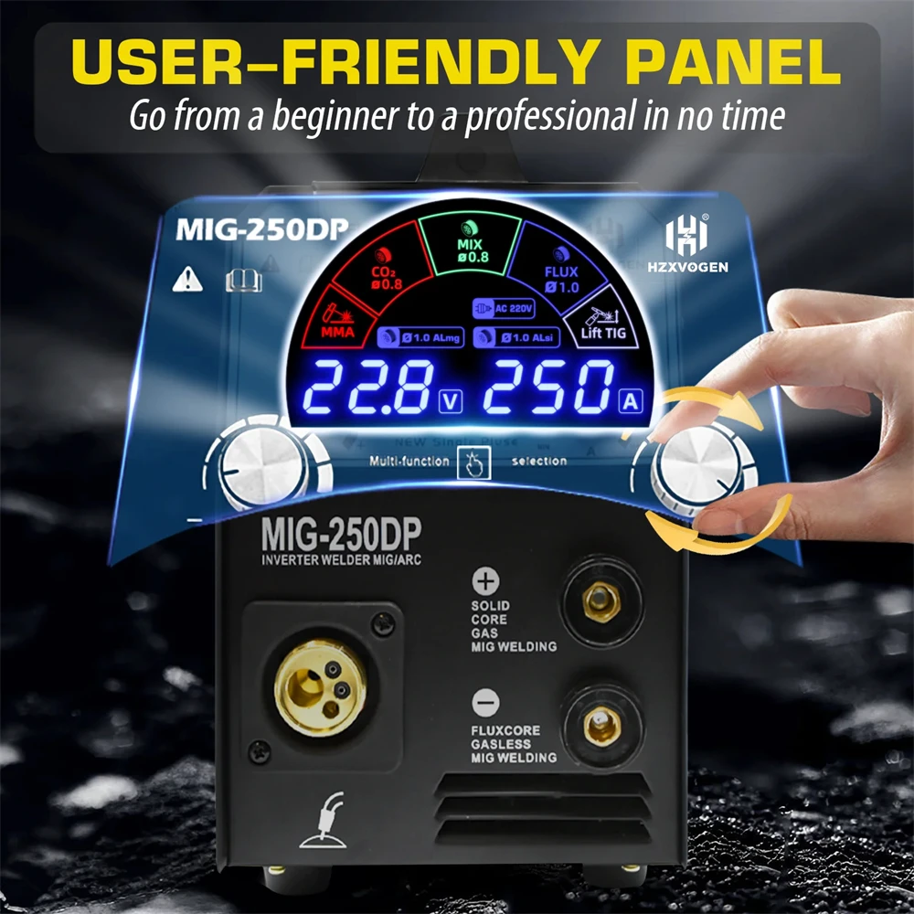 HZXVOGEN 4 in 1 Aluminium Welding Machine MIG/ARC/LIFT TIG Pulse Semi-automatic Digital Display IGBT Inverter Welder MIG250DP 4