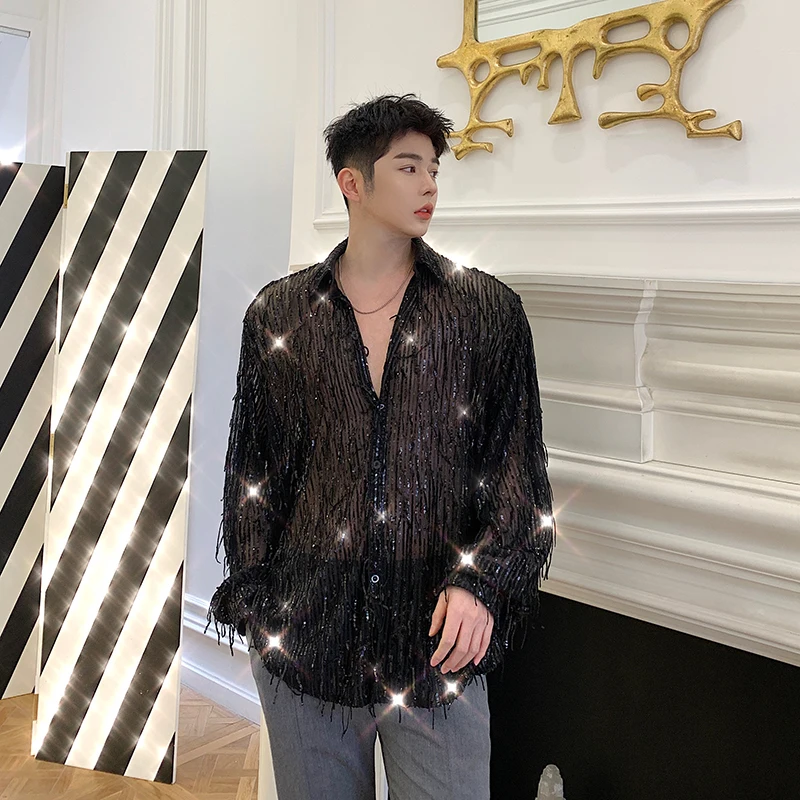 Men shirts Long sleeve Streetwear Men Shirt Cargo Vintage Fashion Sequins tassel Stage Show Dress Shirt Oversized Blouse