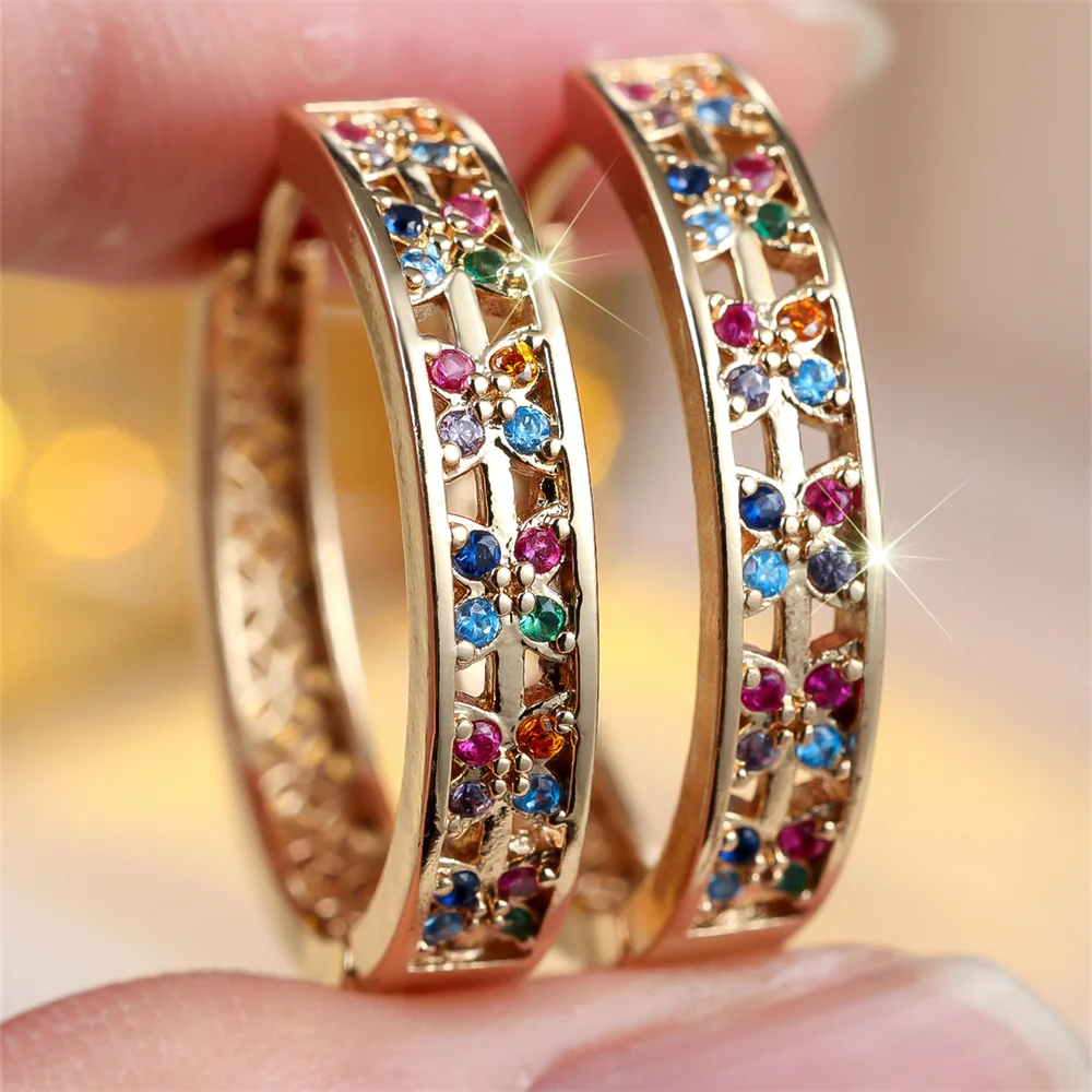 Multicolor Zircon Round Stone Small Flower Hoop Earrings For Women Vintage Gold Color Engagement Ear Buckle Wedding Jewelry Gift