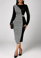 Plus Size Women Elegant Dress Thousand-Bird Lattice Color Contrast Printed Long-Sleeved OL Commuter Wind Bag Hip Elastic Dress - Image 2