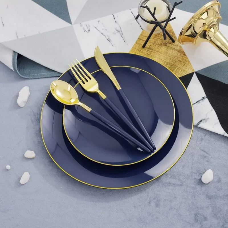 150PCS Blue Plastic Plates-Gold Plastic Silverware-Navy Disposable Plates Include 30 Guests Plates, Forks, Spoons, Knives