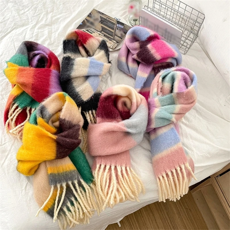 Colorful Striped Kids Scarf with Tassels, Soft & Comfortable Neckerchief Warm Winter Accessory for Boys Girls 3-12Y X90C