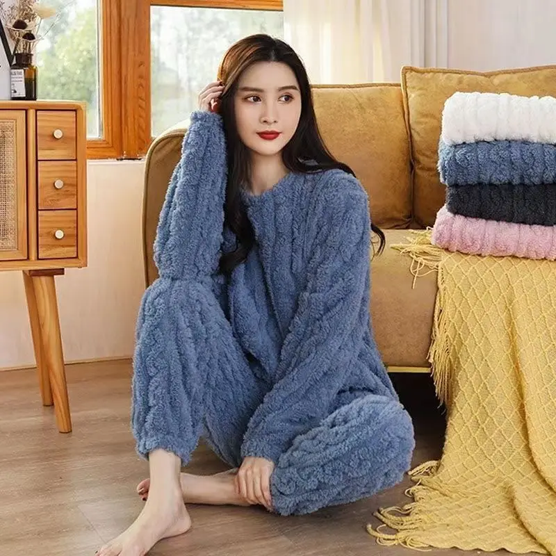 Pajamas for Women Winter Plus Velvet Thickened Pajamas Set Jacquard Cotton Velvet Home Clothes Suit Women Warm Thick