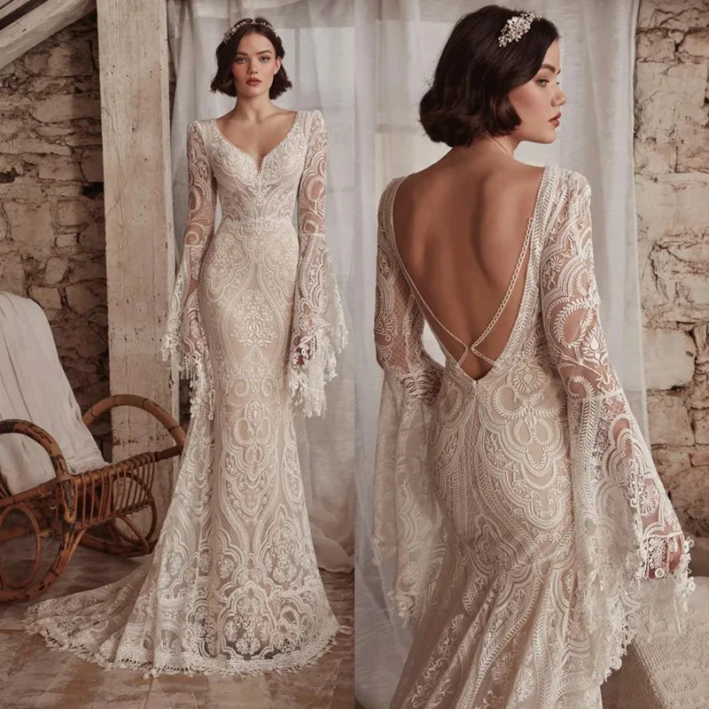 Boho Mermaid Wedding Dress Pleat Sexy Lace Illusion V-Neck Backless Bridal  Gowns | eBay