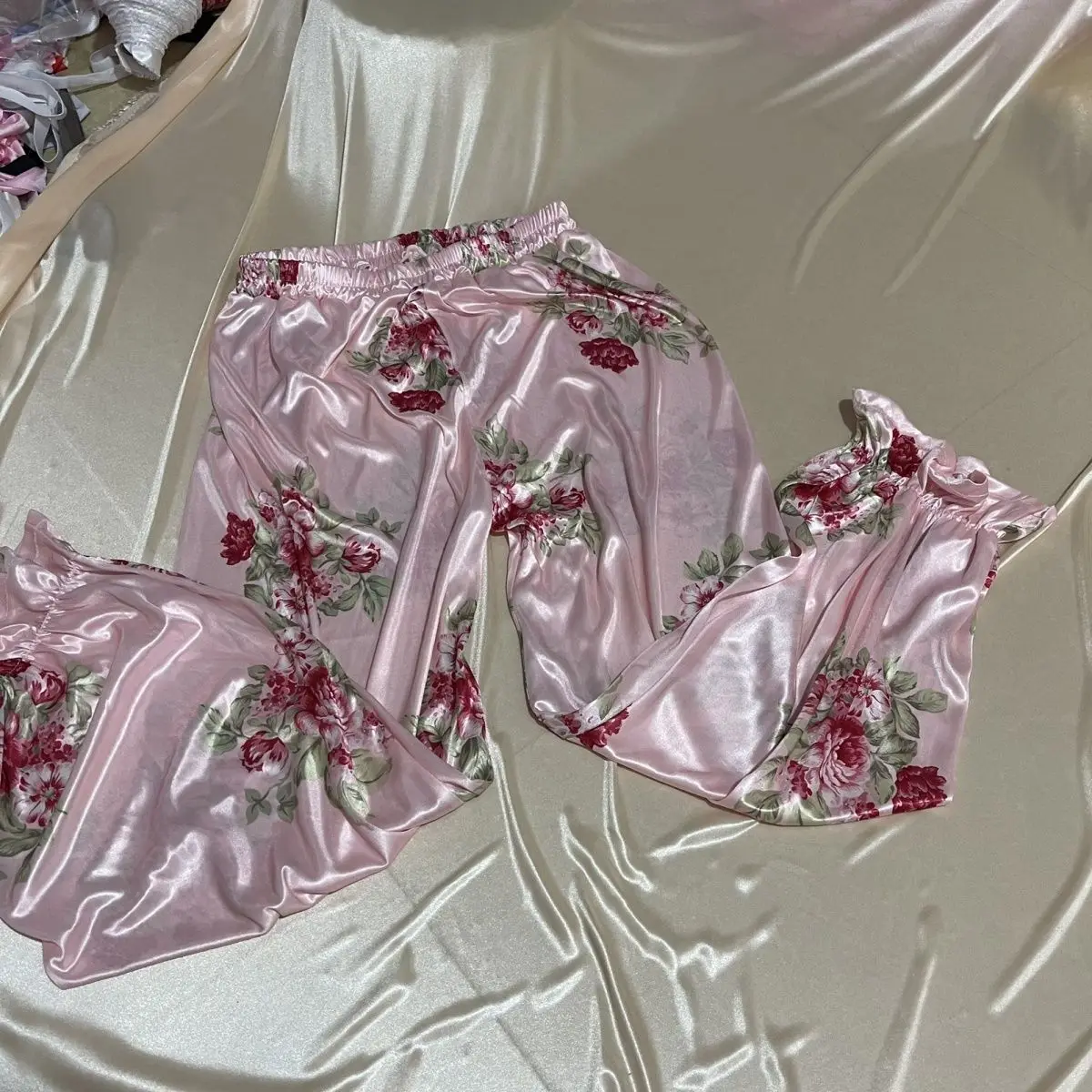 Glossy floral print satin pajamas pants Women silk loose sleeping plus size trousers