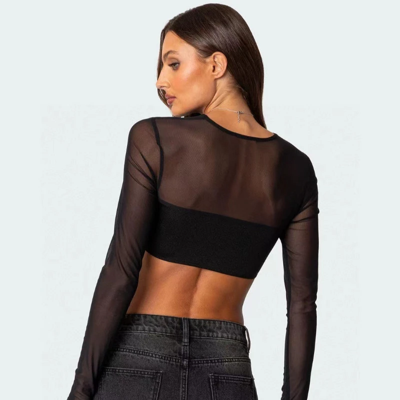 Autumn Fashion Sexy Patchwork Mesh Wrinkled Sexy Hot Girl Cropped Top Y2k Spring and Summer New Round Neck Long Sleeve T-shirt