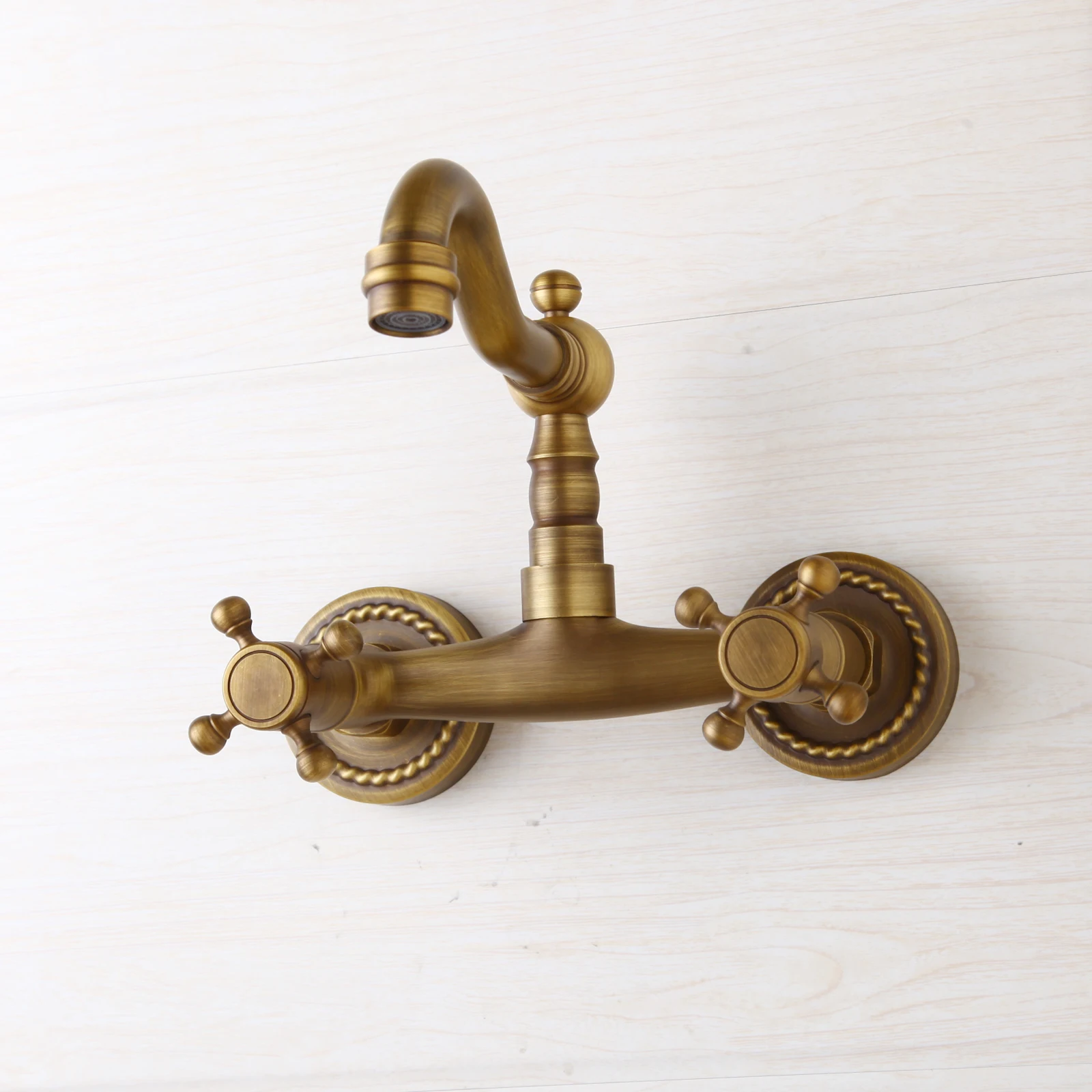 Description Picture 4 of itemYANKSMART Roman Retro Antique Brass Bathroom Faucets 2 Cross Handles Hot and Cold Torneira Wall Mounted Basin Sink Mixer Tap