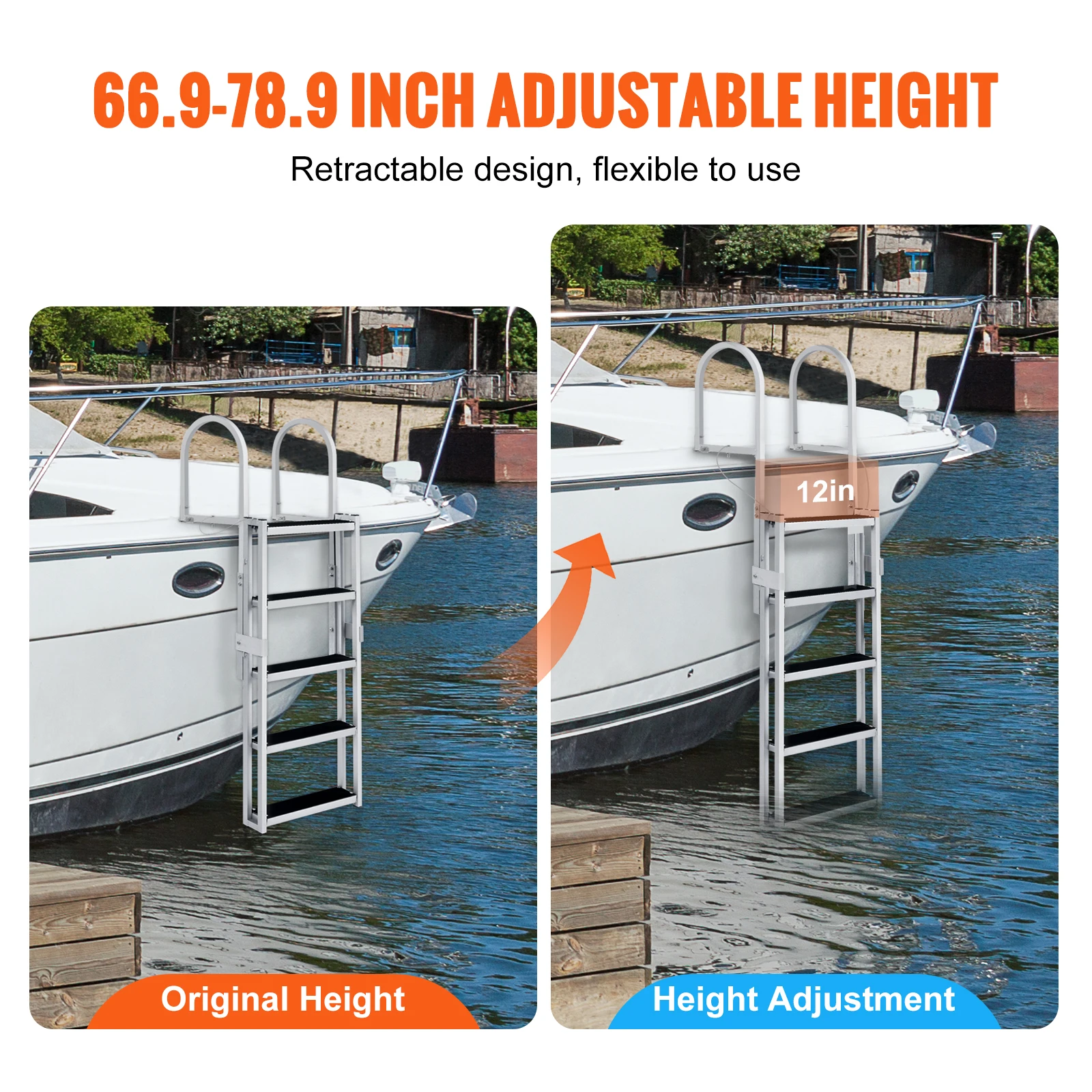 VEVOR 4/5 Steps Retractable Dock Ladder 350Lbs Adjustable Total Height Swim Ladder Rubber Mat Pool Lake Marine Boarding