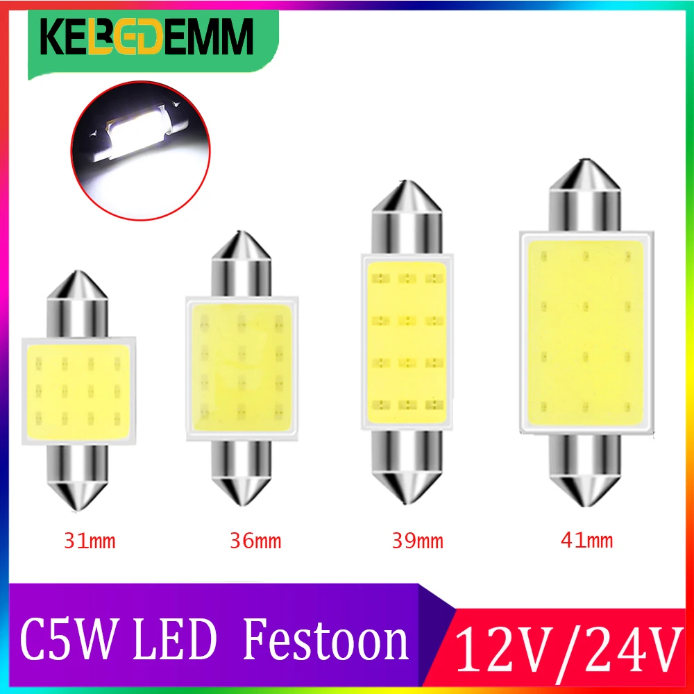 

Kebedemm 10Pcs/Lot White COB C5W LED Car Auto Festoon Dome Interior LED Lights Lamp Map Roof Reading Bulb 31/36mm3 9/41mm 6000K