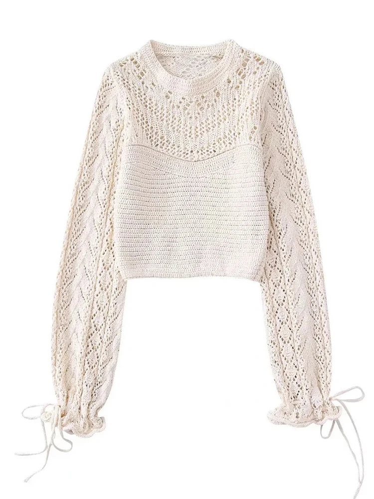 

Merodi Womens Elegant Hollow Out Summer Knitted Short Pullover Tops Chic Lady O-Neck Long Sleeve High Waist Beige Sweaters