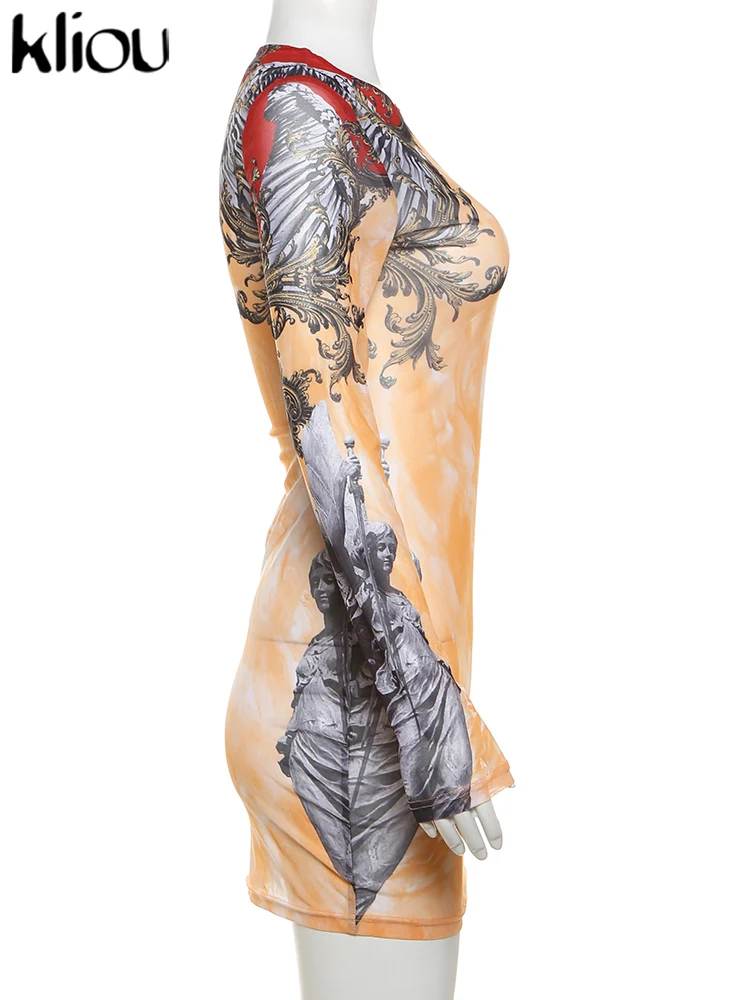 kliou Aesthetic Panelled Print Fall Dress Women Fashion Full Sleeve Round Neck Body-shaping Robe Female Classic Street Vestidos 5
