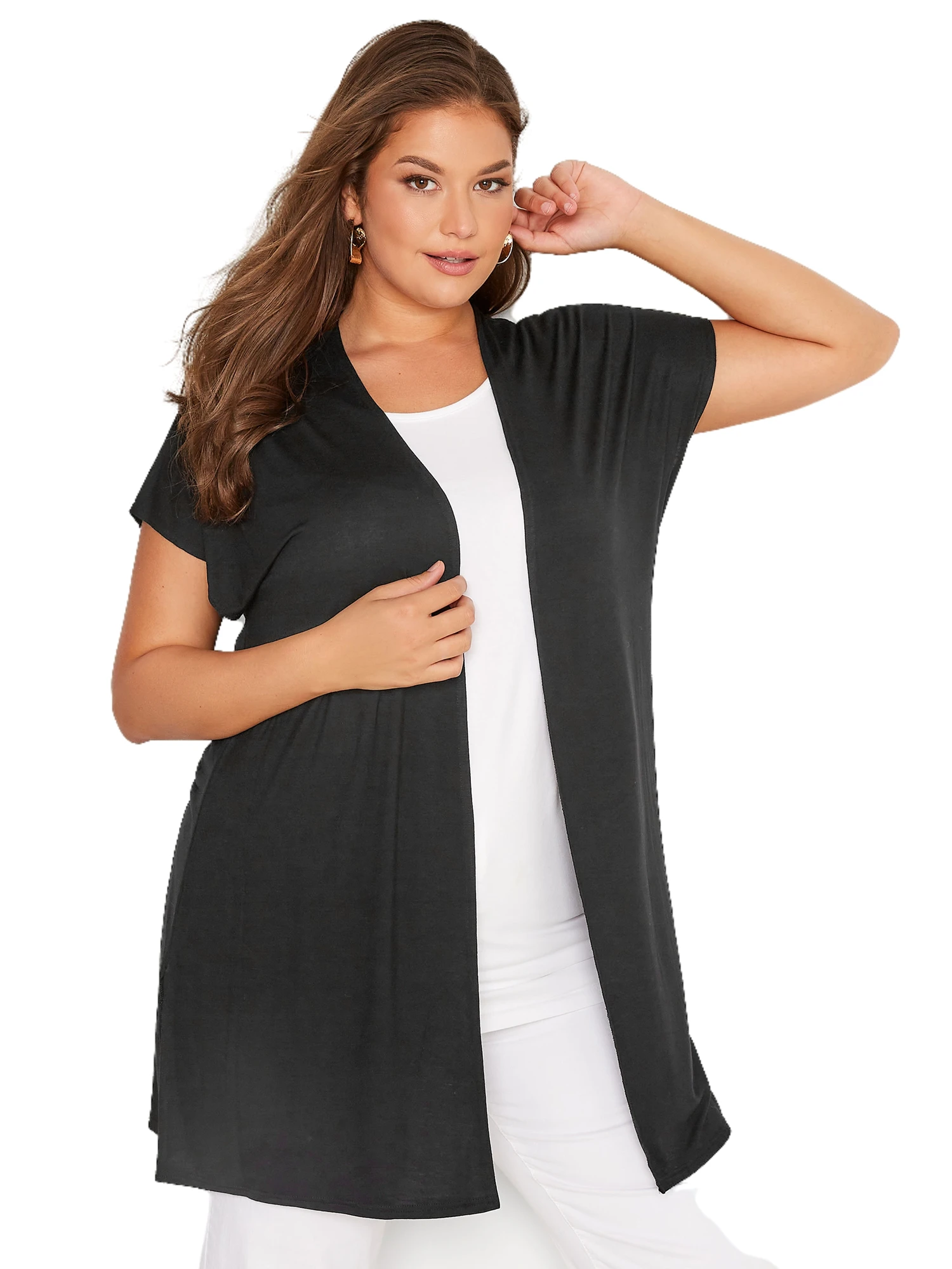 

Plus Size Summer Casual Longline Cardigan Women Short Sleeve Loose Black Kimono Large Size Elegant Open Front Cardigan 7XL 8XL