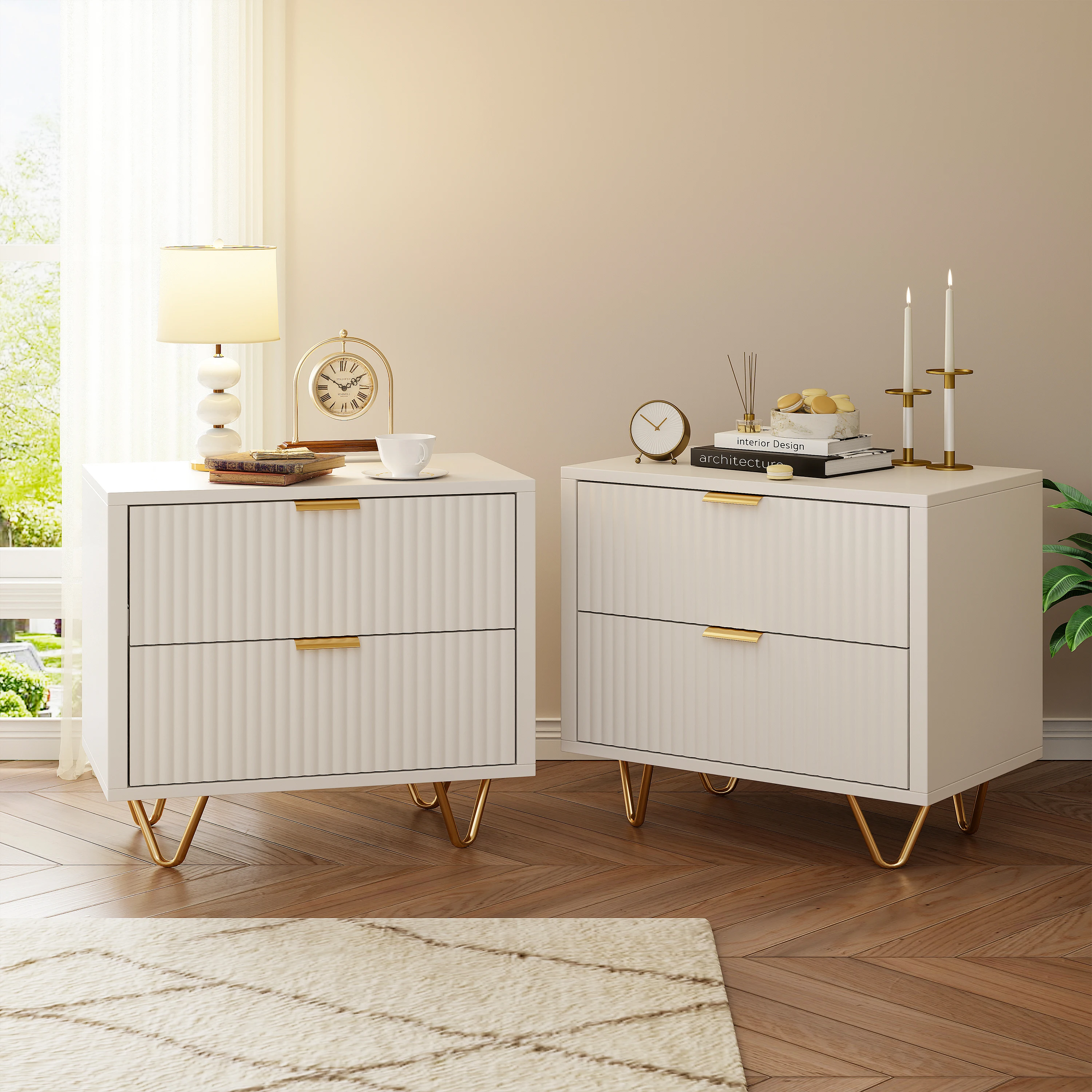 Lazyspace 2 Nachttische mit 2 Schubladen, moderner Nachttisch, Kommode für Schlafzimmer, Wohnzimmer, Weiß und Gold – Detail 1