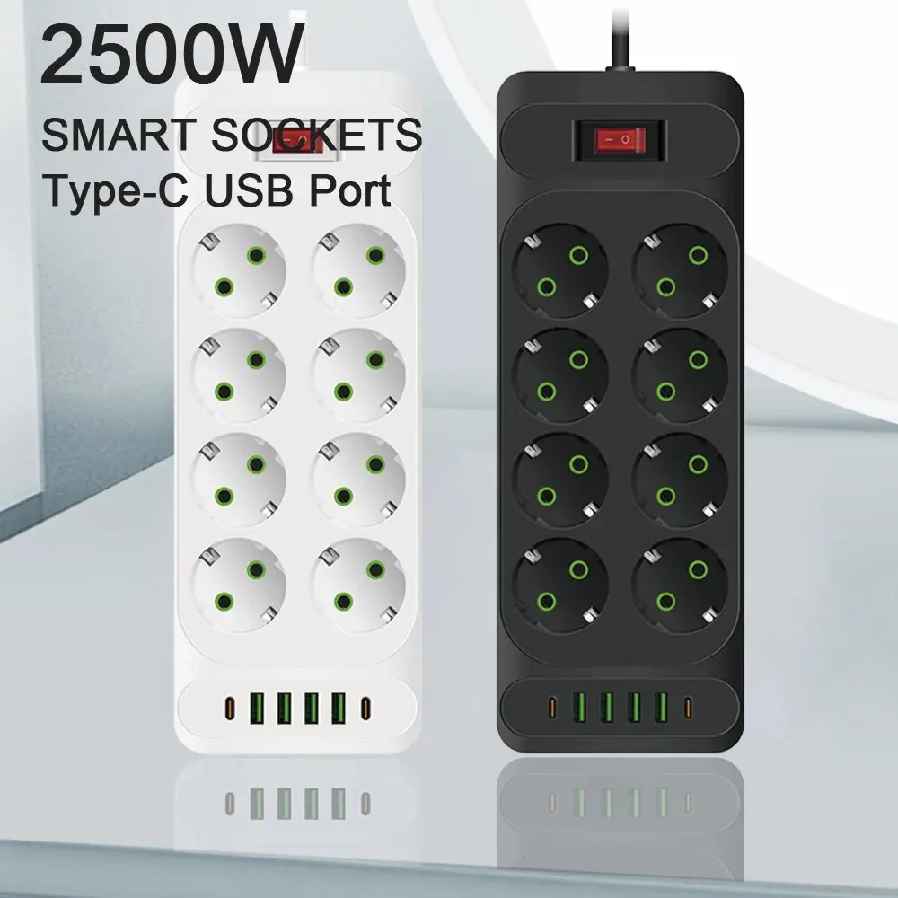 Power Strip EU Plug AC Outlet Multitap Power Strip 2m Extension Cord Electrical Socket Smart USB Home Office Surge Protector Network Filter
