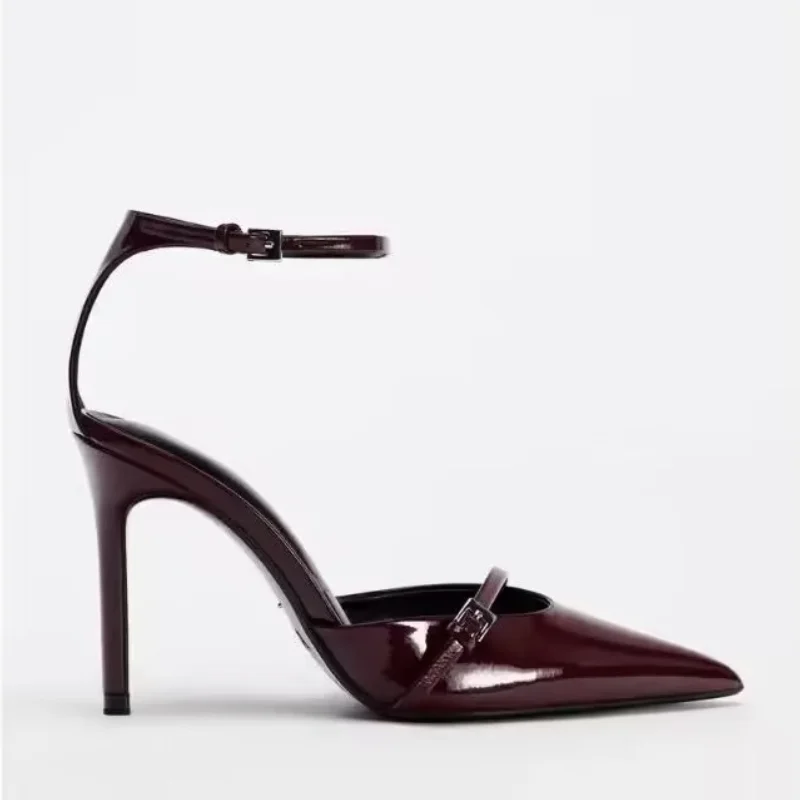Sexy Pointed Toe Thin High Heels Women Patent Leather Ankle Strap Party Dress Shoes Fashion Slingback Sandals for women slingback sandals,women high heels shoes,women dress shoes