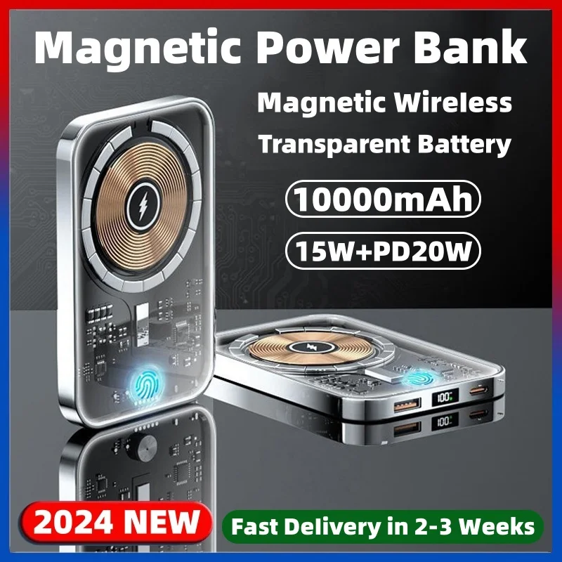

10000mAh New Transparent Magnetic Power Bank 15W Fast Wireless Charger For Apple iPhone Samsung Xiaomi Portable External Battery