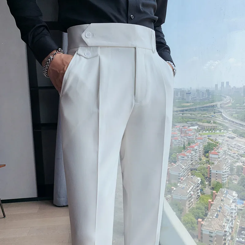 Men Trousers White Solid Business Casual Suit Pants British Style Autumn  Men Clothing Formal Wear Office Trousers Straight 2022