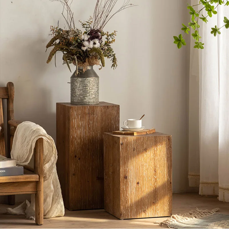 Retro Living Room Sofa Corner Table Solid Wood Small Square Table Wabi-sabi Style Coffee Wooden Pier Ornaments