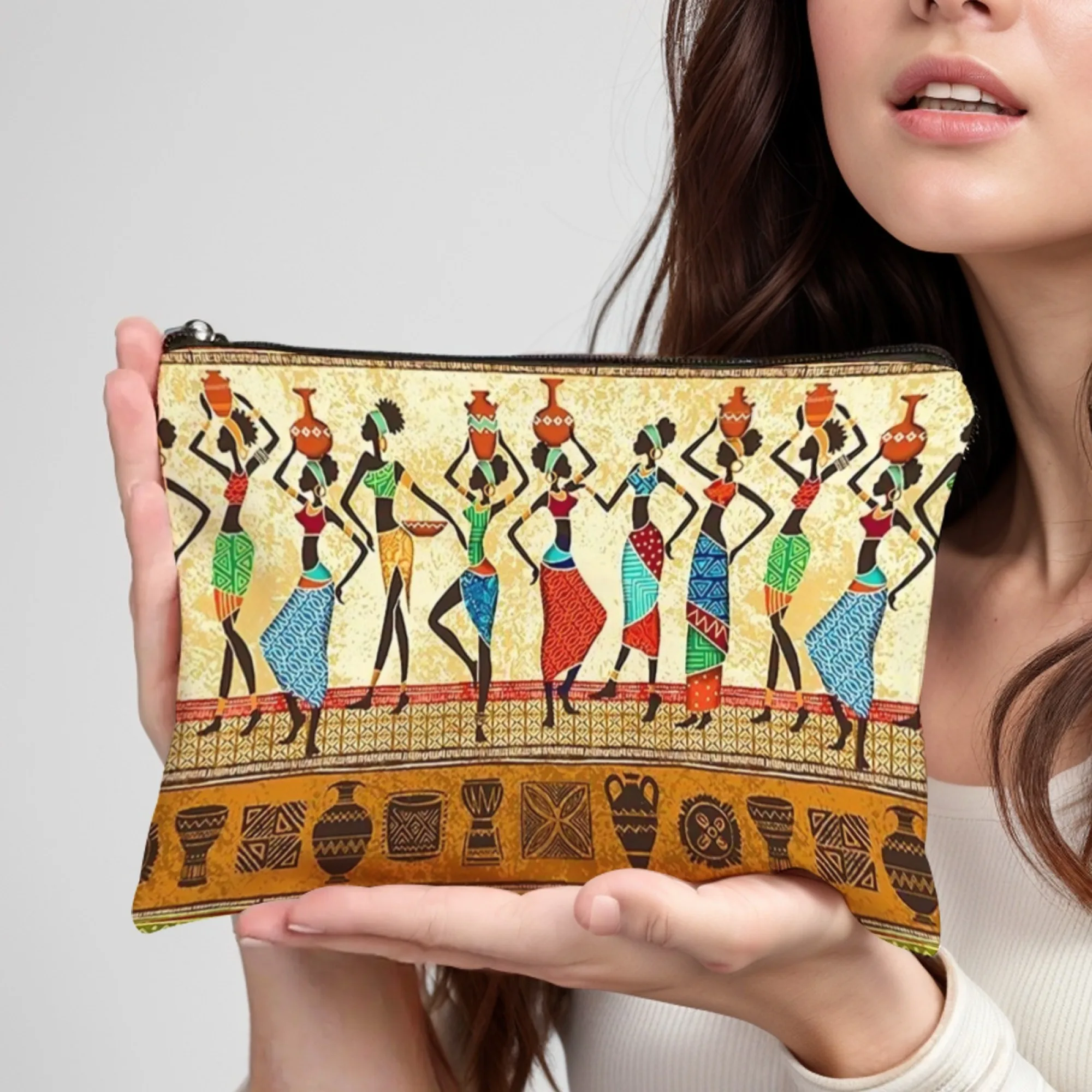 Multifunktionale Kosmetiktasche mit ethnischem Kunstmotiv, afrikanische Frauen mit Körben, langlebig, für das tägliche Make-up, Touch-Ups, Kunstkollektion – Detail 11