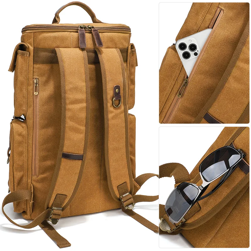 Vintage Leather Man16 inch Laptop Backpack Waxed Canvas Shoulder Rucksack Carry-On Travel Backpack for Men Women 3