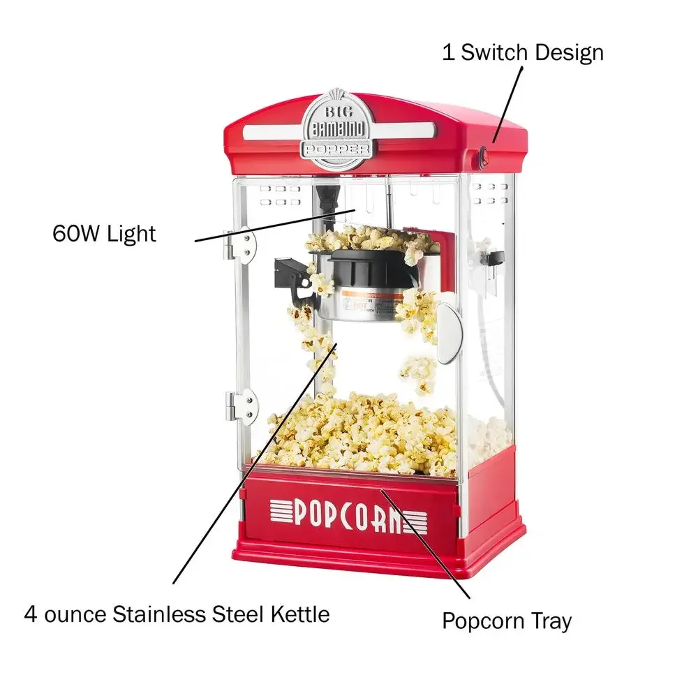 Movie Style Retro 4oz Popcorn Maker Stainless Steel Kettle Compact Tabletop Machine Kit Tray Scoop Light Bulb Red Mini Cinema 3