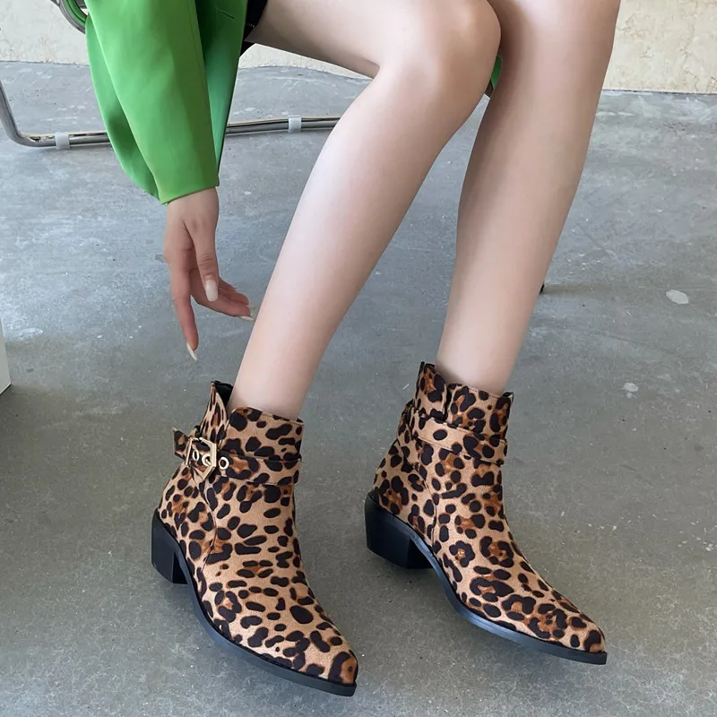 Ladies Leopard Print Ankle Boots Round Toe Booties Winter Footwear Platform High Heels Wedges Ladies