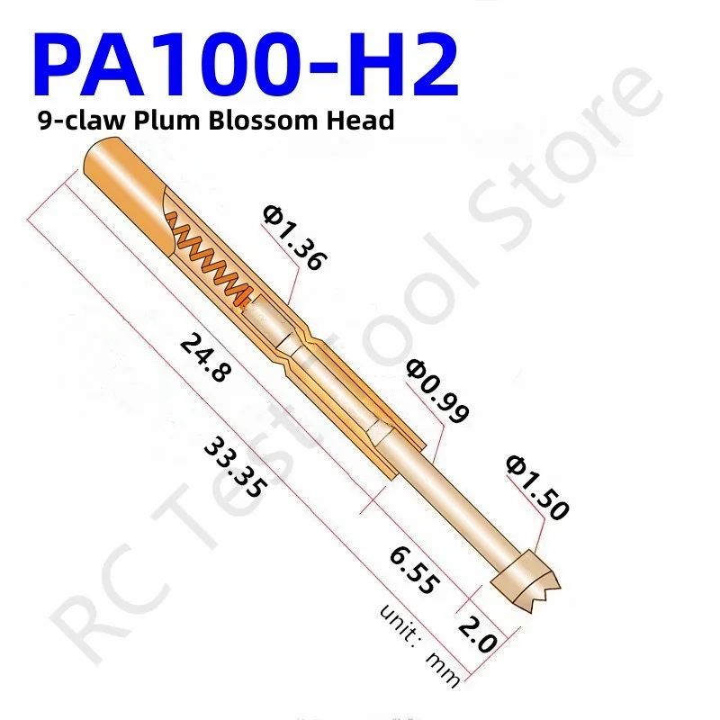 

100PCS PA100-H2 33.35mm 9-claw Plum Blossom Head Test Pin Dia 1.50mm Needle Spring Test Probe P100-H2 Test Pogo Pin P100-H