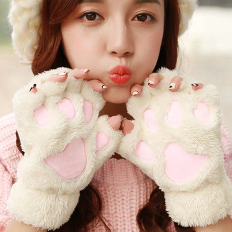 Women Winter Warm Half Finger Gloves Cartoon Paw Embroidery Anime Kitten Thicken Fuzzy Plush Fingerless Mittens fingerless gloves half finger gloves