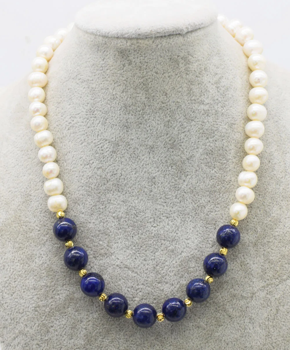 

wholesale freshwater pearl white and blue lapis 10mm round necklace 18inch nature beads
