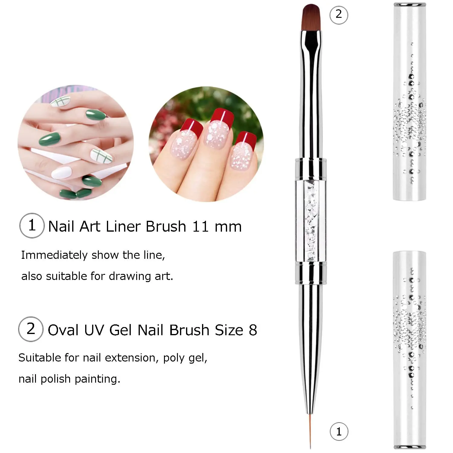 2Pcs Dual-ended Nail Design Brushes Rhinestone Handle UV Gel Nail Brush Set Professional Nail Art Tools 4