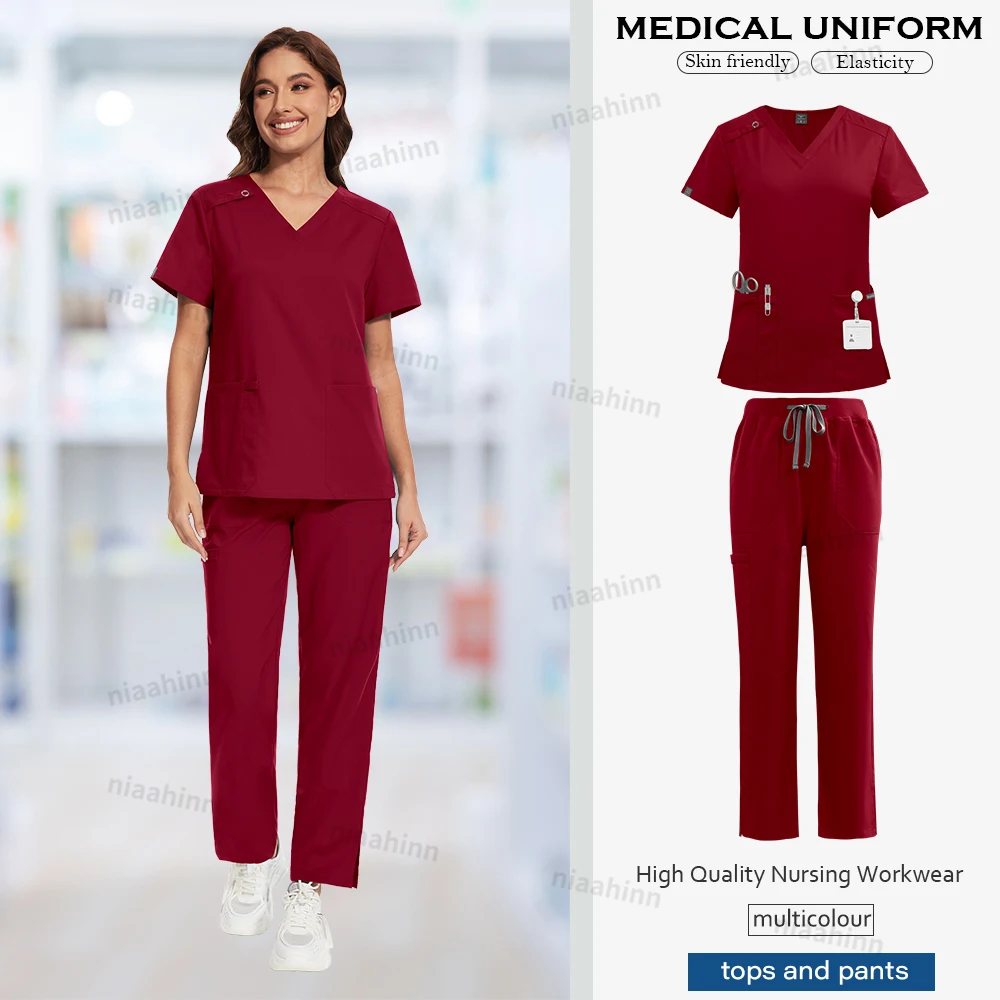 Niaahinn Arbeitskleidung Stretch Scrubs Uniformen Sets Krankenschwester Scurb Uniform Frauen Medizinische Scrubs V-ausschnitt Kurzarm Gerade Hosen Sets – Detail 9
