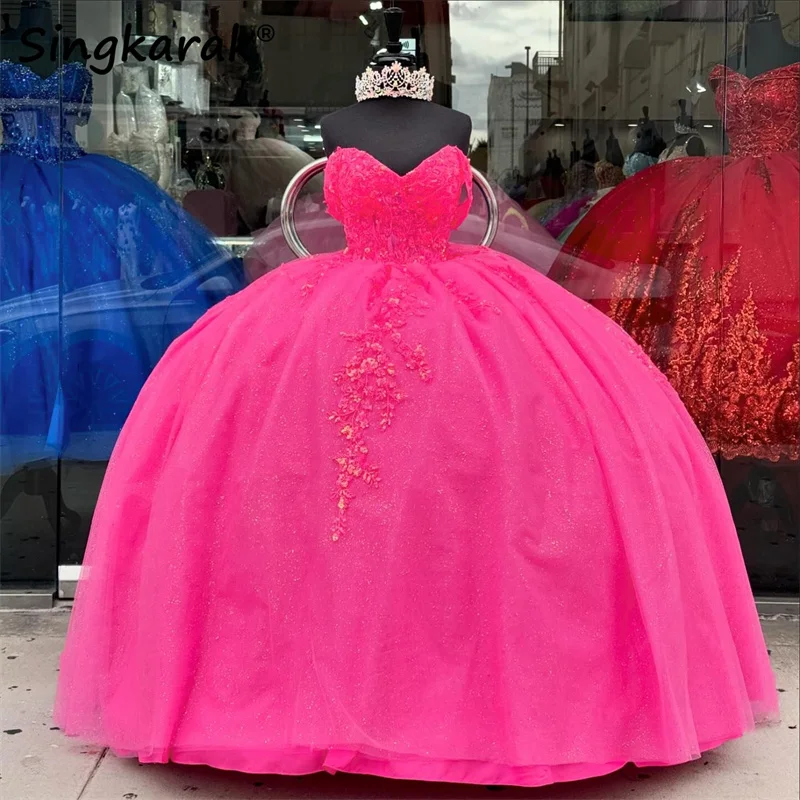 Cute Fuchsia 2024 Princess Quinceanera Dresses Beaded Lace Appliques Crystals Sweet 16 Dress Vestidos Sweet 16th Dress Ball Gown