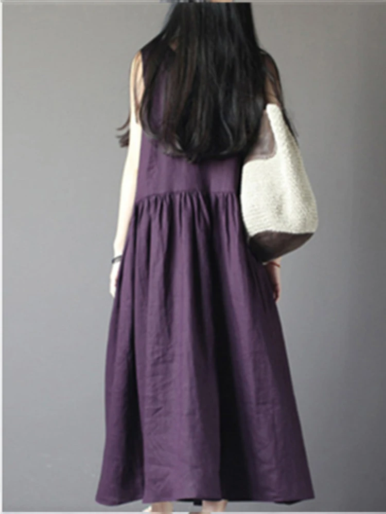 2023 Summer New Cotton Linen Dress Loose Women's Fashion Comfortable Sleeveless Solid Color Vest Dress Retro Temperament