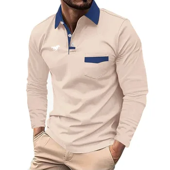 Polo business casual da uomo, camicia a maniche lunghe, tasca attillata cucita, tinta unita, sportiva, primavera e autunno, nuova
