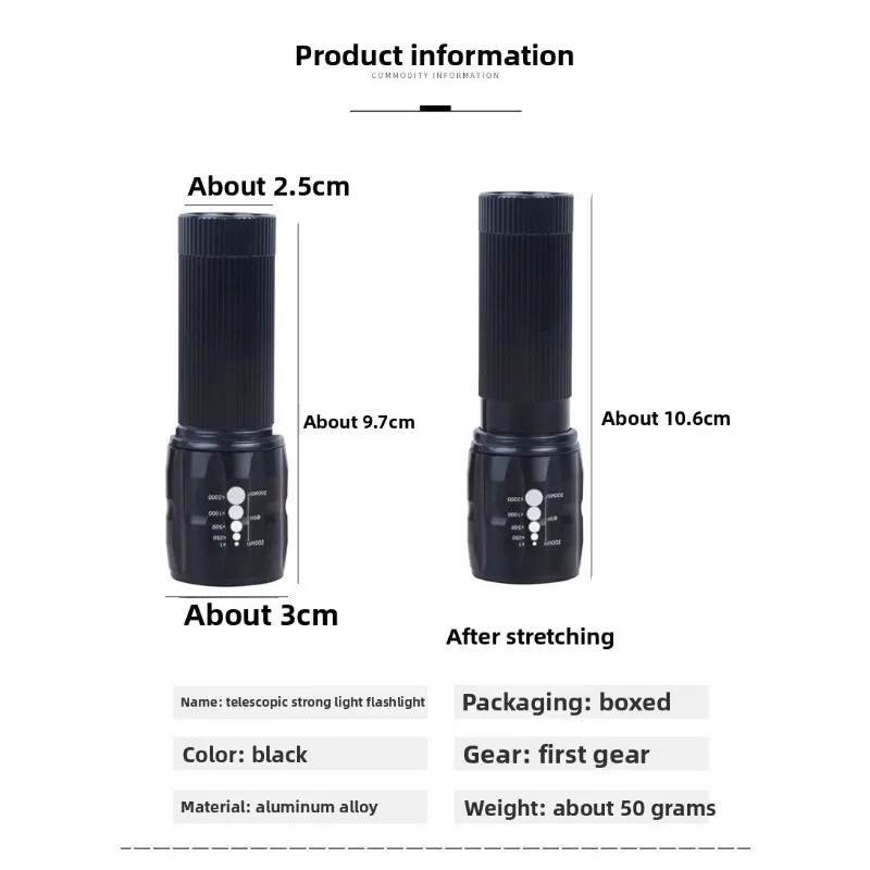 가정용 비상용 손전등: 장거리 줌, 초고휘도 3모드 LED, 배터리로 작동, 소형 텔레스코픽, 사이클링에 이상적