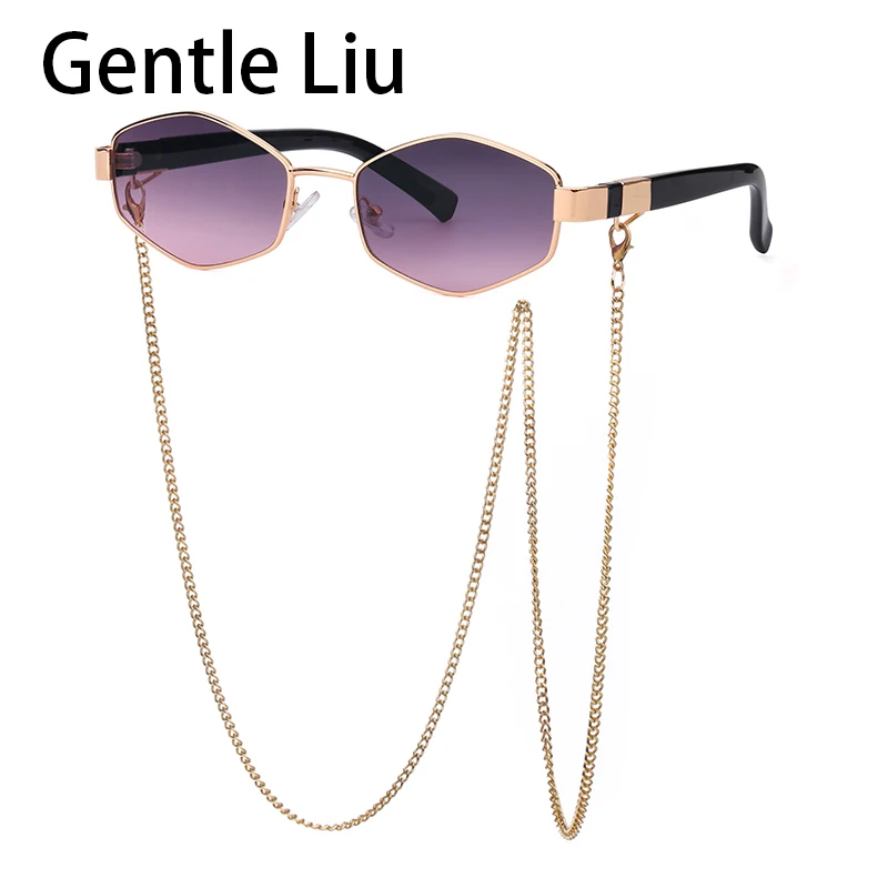 large sunglasses 2021 Trendy Vintage Hexagon With Chain Necklace Sunglasses Small Frame Sun Glasses Luxury Brand Designer Eyewear UV400 Lunettes rectangle sunglasses Sunglasses