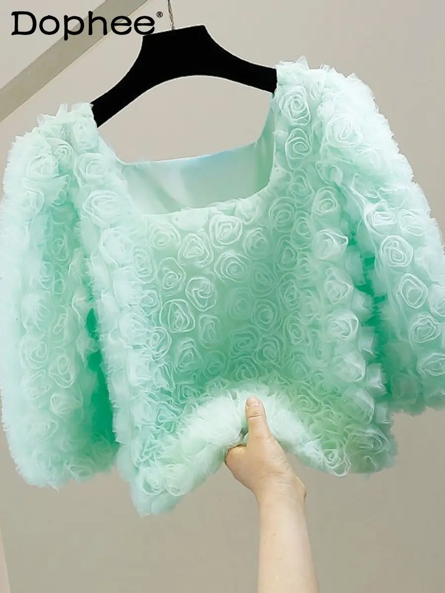 

Heavy Industry Three-Dimensional Rose Sweet Puff Short Sleeve T-Shirt Crop Top Summer New Square Collar Shirt Top Ladies Fashion