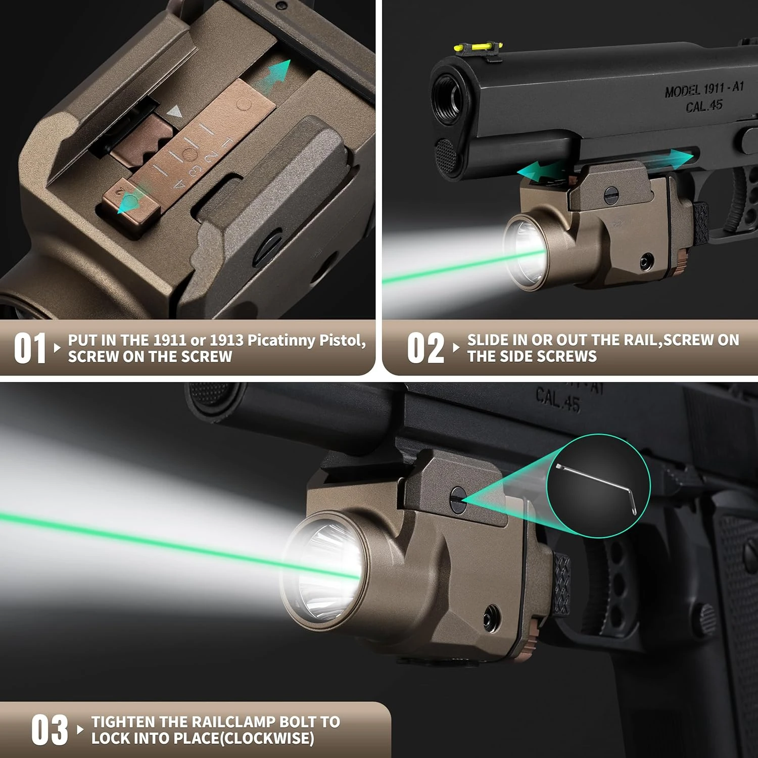 Compact Tactical LED Flashlight Green White Rechargeable Torch