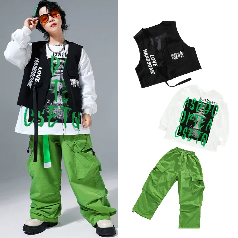 

Свободные белые рубашки, зеленые брюки, уличная танцевальная одежда для мальчиков, танцевальные костюмы в стиле хип-хоп