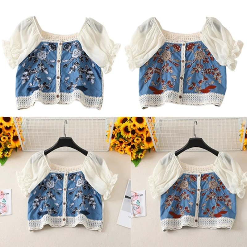 

Vintage Crochet Knitted Flower Cardigans for Women Vintage Puff Short Sleeve Square Neck Button Up Blouses Crop Top