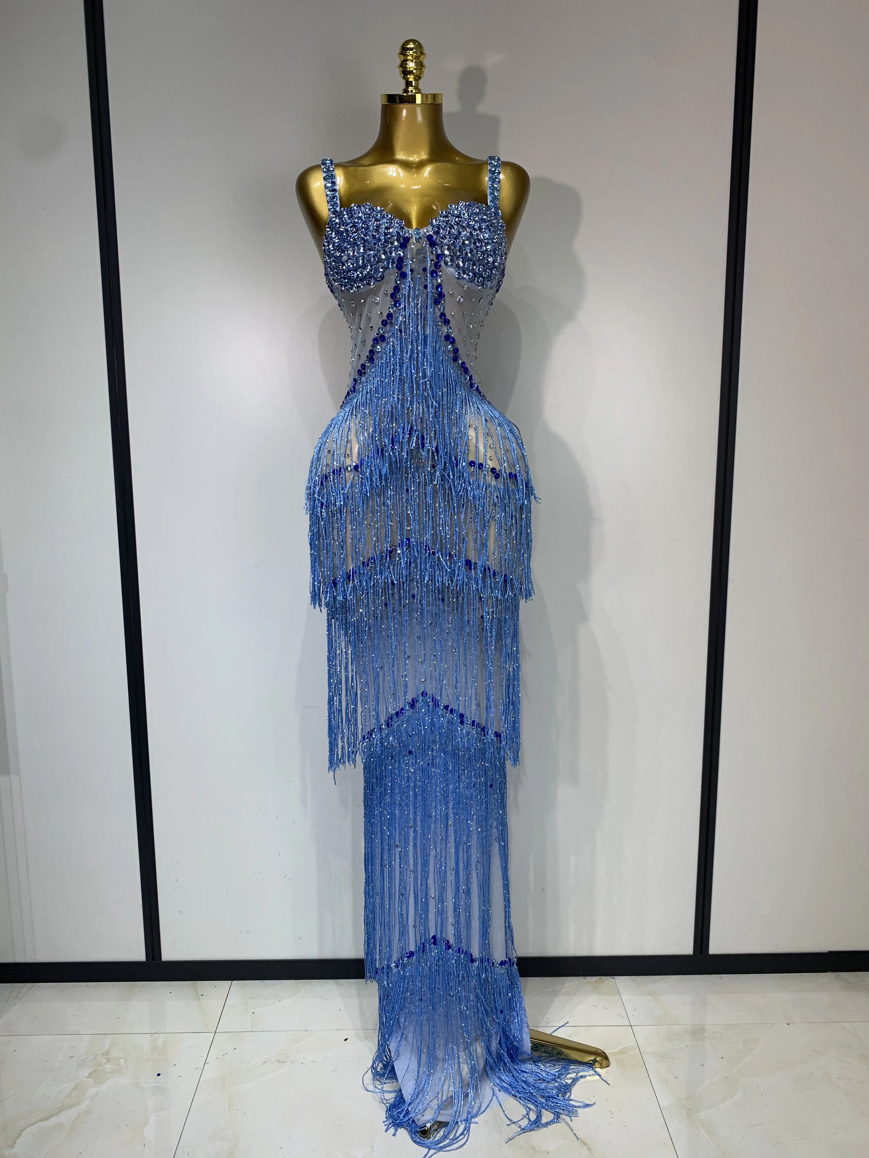 Sparkly Rhinestones Fringes Maxi Long Dress Women Sexy Transparent Elagant Evening Party Birthday Dress Photo Shoot Outfit