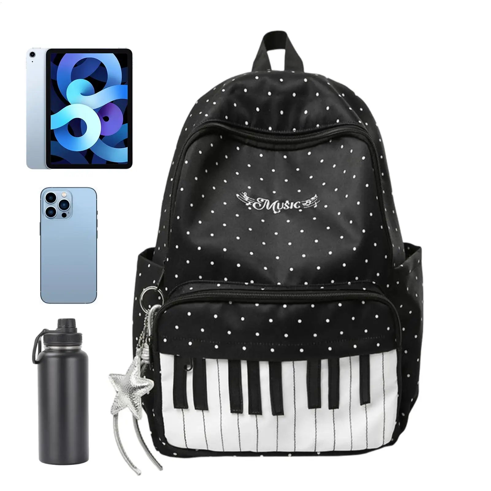 Zaino per Studenti di Musica, Zaino da Donna con Stampa a Pois, Borsa di Grande Capacità, Zaino Semplice e alla Moda per Donna e Ragazza - immagine 2