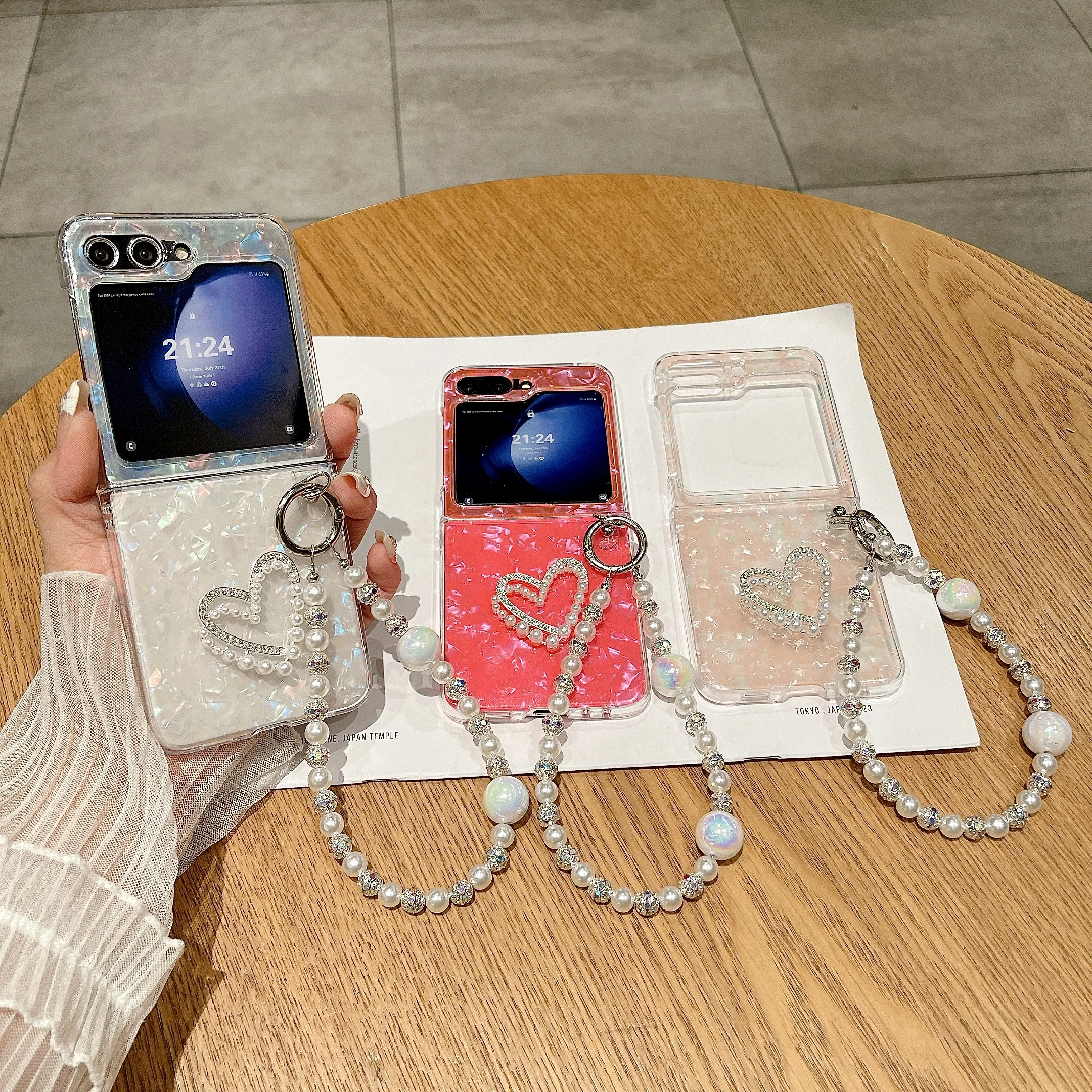 Für Samsung Galaxy Z Flip 3 4 5 6 Mode Shell Herz Perle Kette Telefon Fall Abdeckung_voghion.com